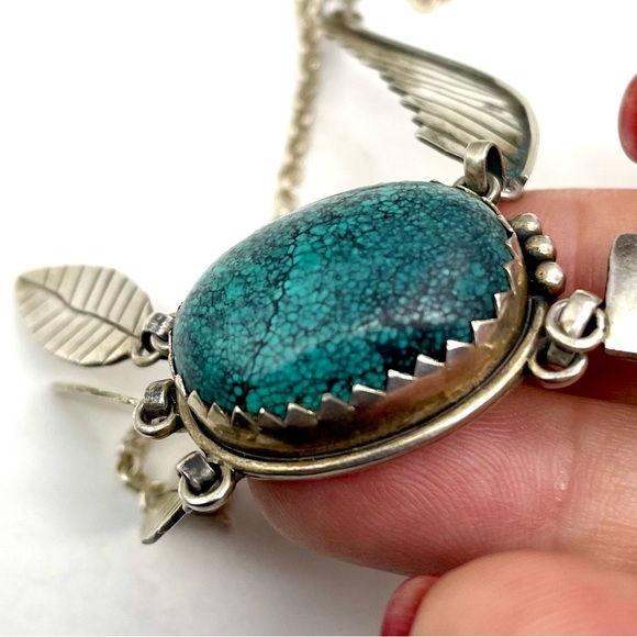 Vtg Genuine Spiderweb Turquoise 925 Sterling Silver Bib Necklace NA - Picture 3 of 9